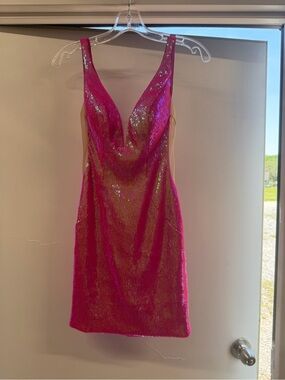Jovani Fuchsia Sequin Plunging Mini Dress